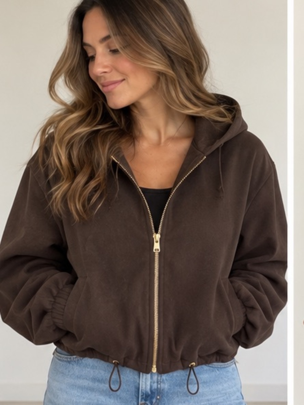 Zara Brown Cropped Hooded Jacket Gold Zip NWT Size M